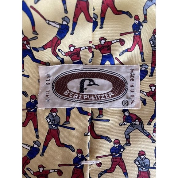 Vintage Bert Pulitzer 100% Silk Tie Baseball Sport Theme Yellow Red Blue USA - Picture 3 of 5